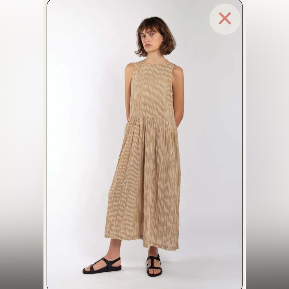 Tan Midi Dress with Flowy Silhouette and Textured Finish